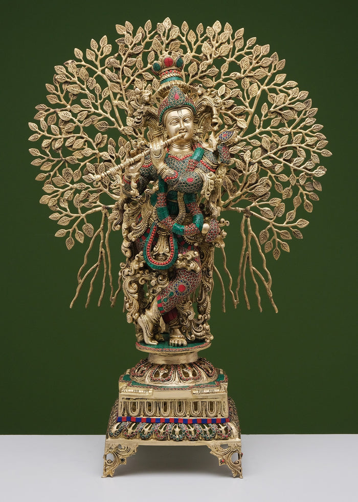36" Large Brass Fluting Krishna with Tree | Handmade