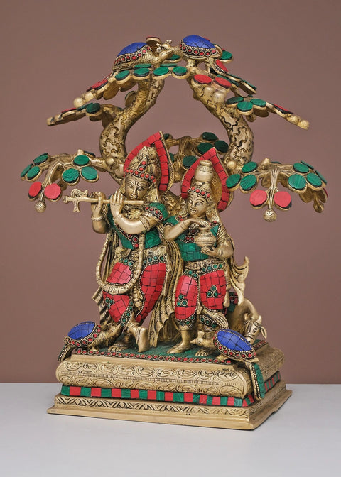 16" Brass Radha Krishna with Tree | Handmade