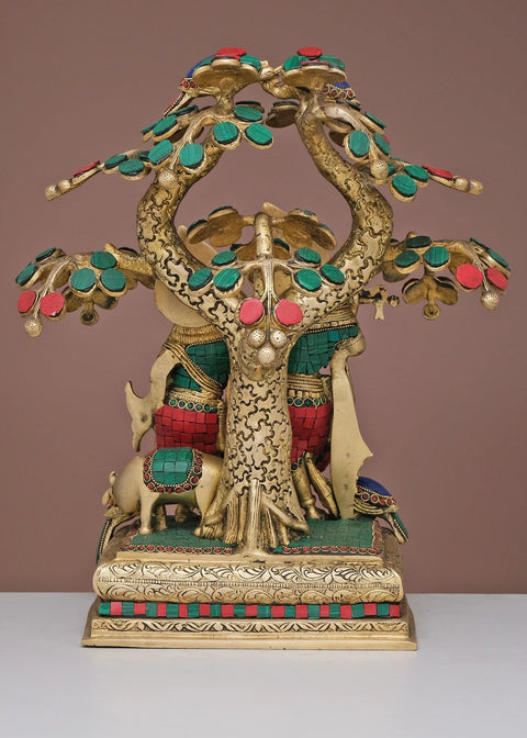 16" Brass Radha Krishna with Tree | Handmade