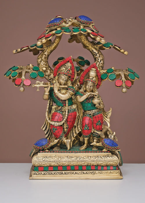 16" Brass Radha Krishna with Tree Statue Handmade