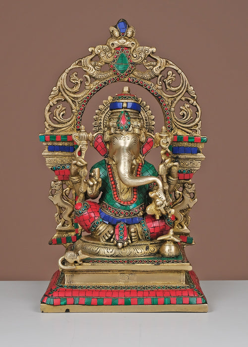 16" Handmade Brass Lord Ganesha with Arch Statue