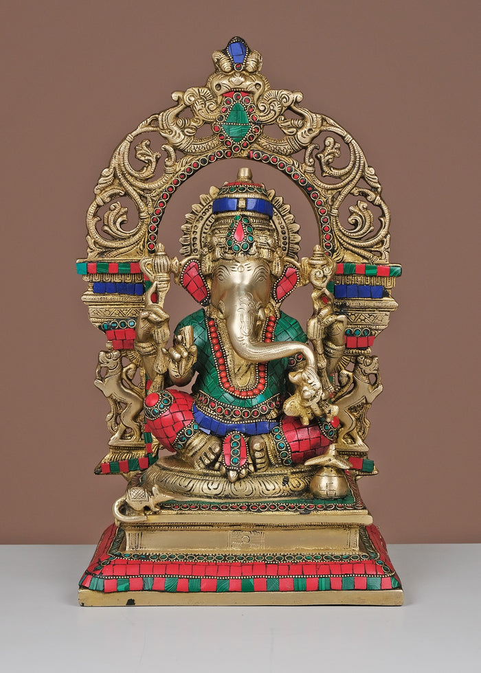 16" Handmade Brass Lord Ganesha with Arch Statue