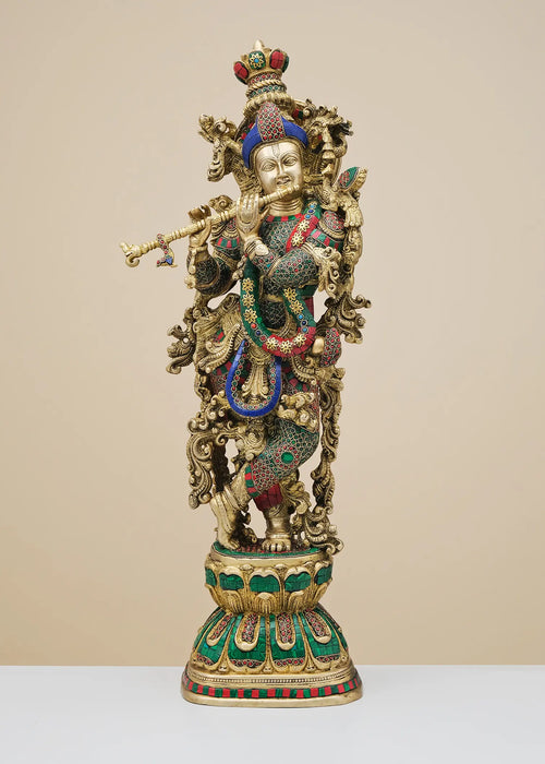 29" Handmade Brass Krishna Fluting Statue with Inlay Work