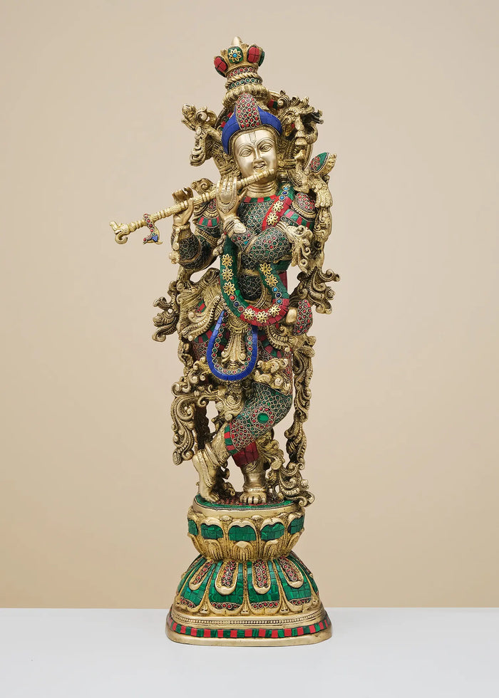 29" Handmade Brass Krishna Fluting Statue with Inlay Work