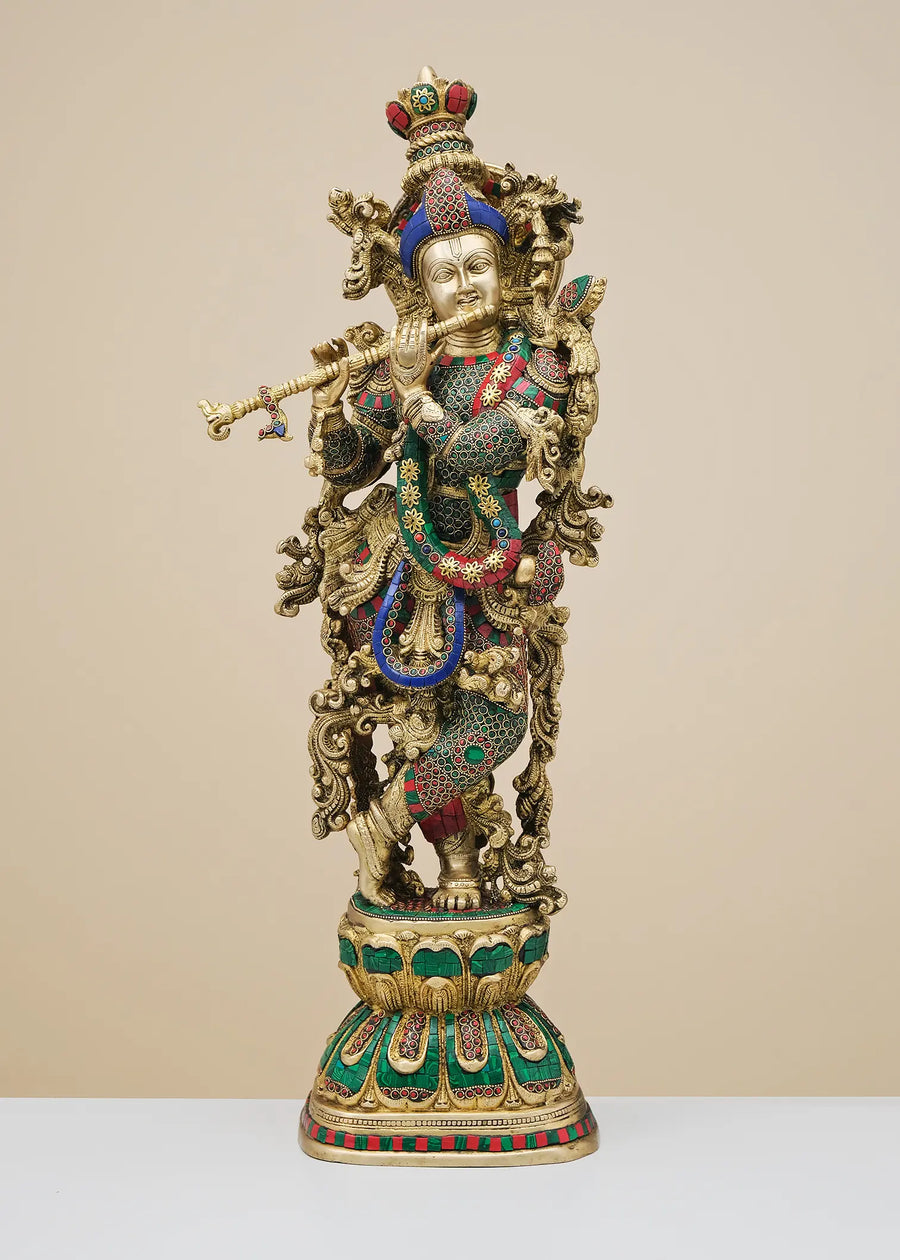 29" Handmade Brass Krishna Fluting Statue with Inlay Work