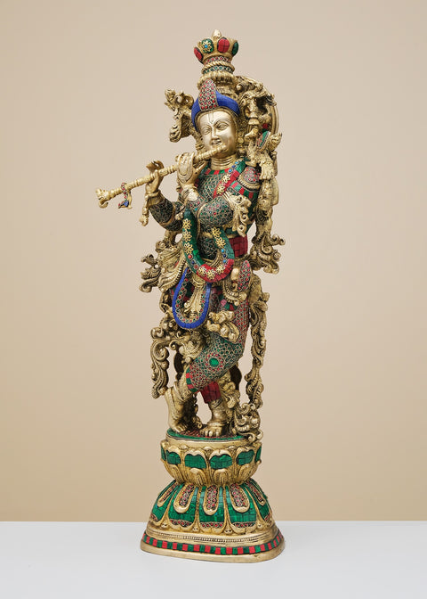 29" Brass Fluting Krishna with Inlay Work | Handmade