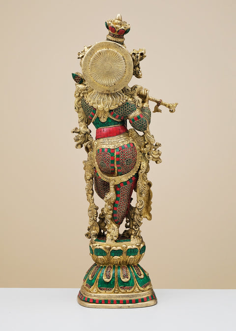 29" Brass Fluting Krishna with Inlay Work | Handmade