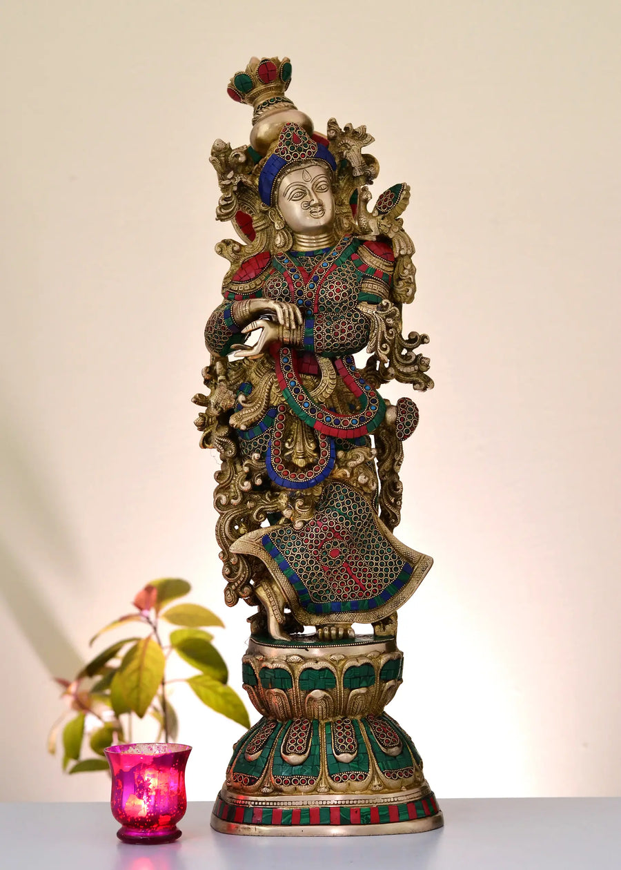 29" Handmade Brass Goddess Radha Statue with Inlay Work