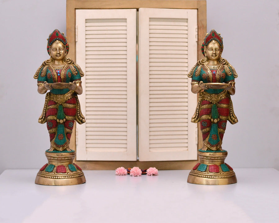 23" Handmade Brass Deeplakshmi Pair Statue with Inlay Work