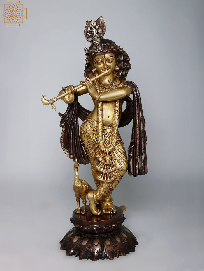 27" Handmade Brass Lord Krishna Playing Flute Statue