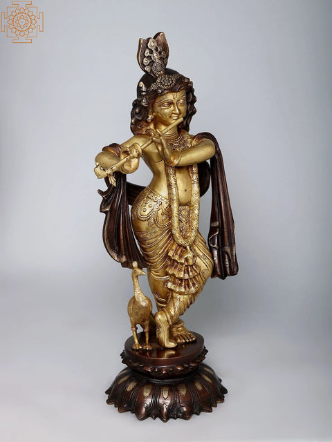 27" Brass Lord Krishna Playing Flute | Handmade