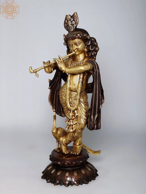 27" Brass Lord Krishna Playing Flute | Handmade