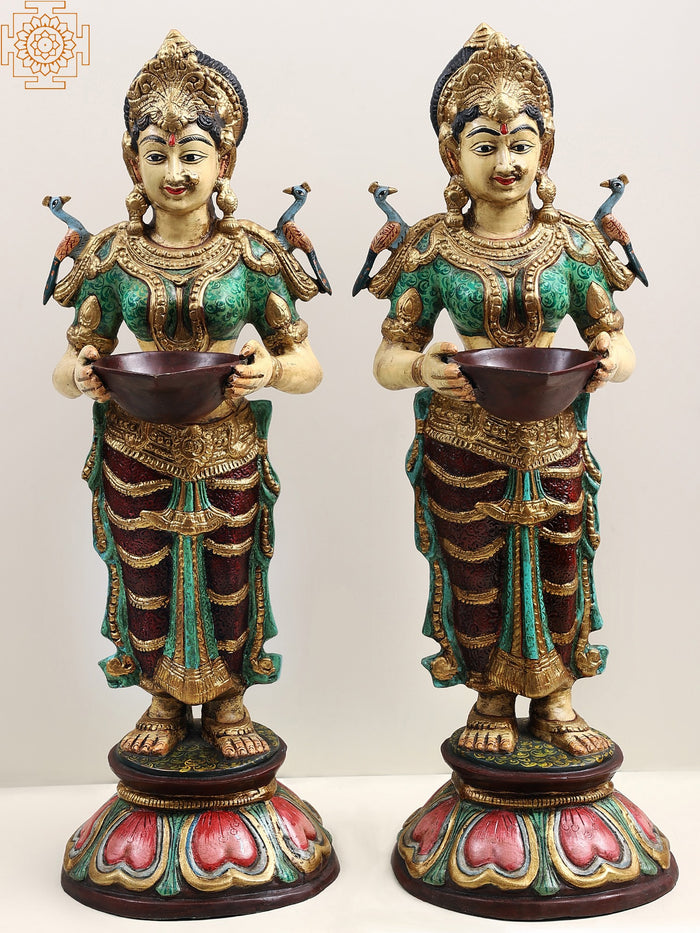 29" Brass Paavai Vilakku Pair Lakshmi Oil Lamps for Pooja