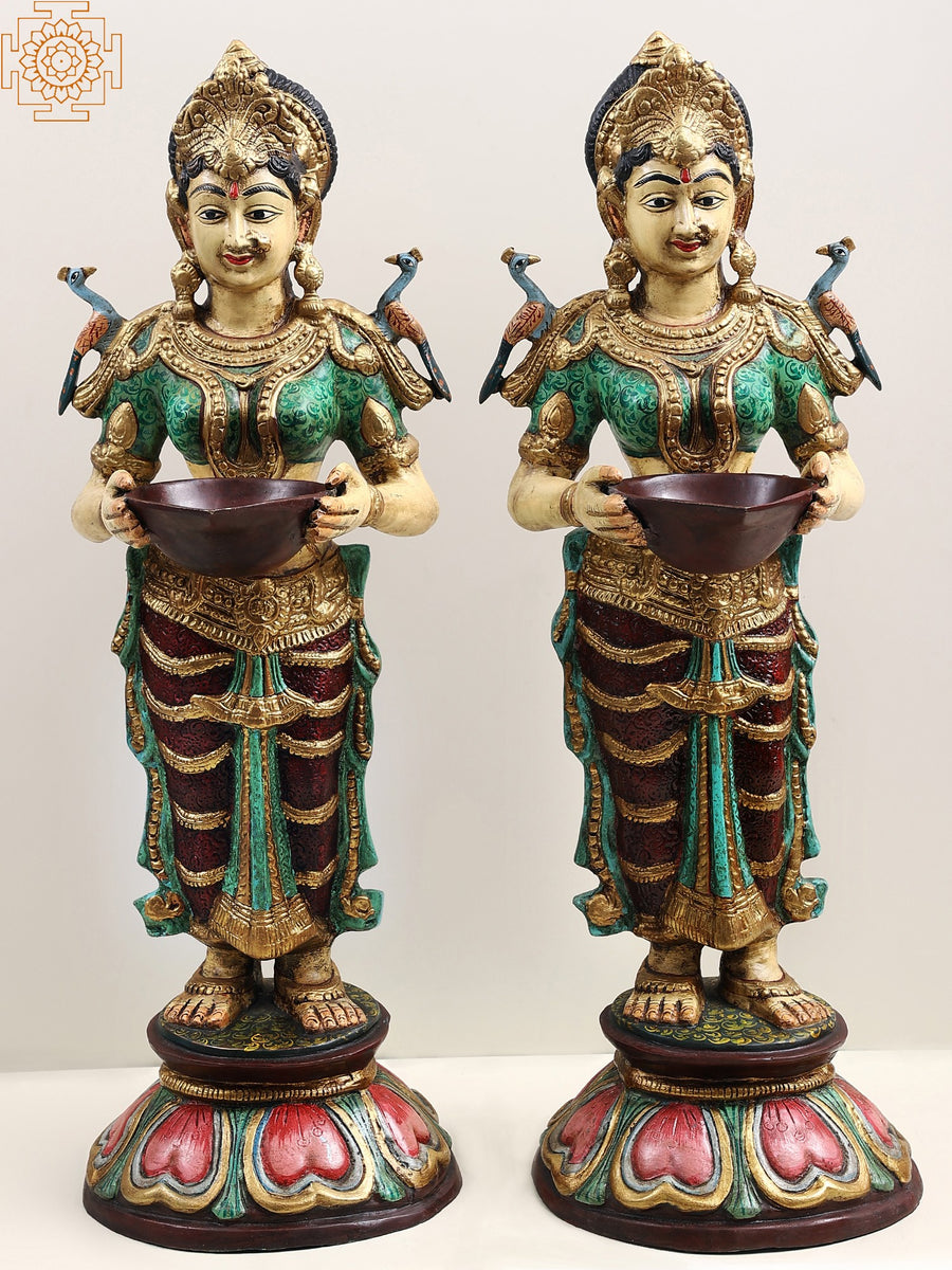 29" Brass Paavai Vilakku Pair Lakshmi Oil Lamps for Pooja