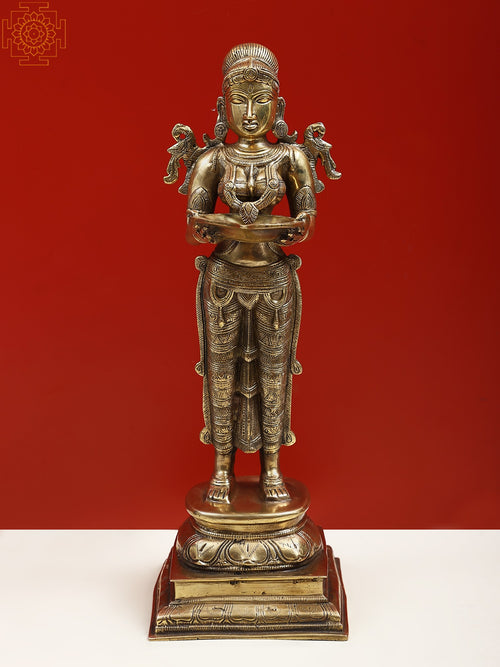 16" Brass Deepalakshmi Statue Standing on Pedestal for Pooja