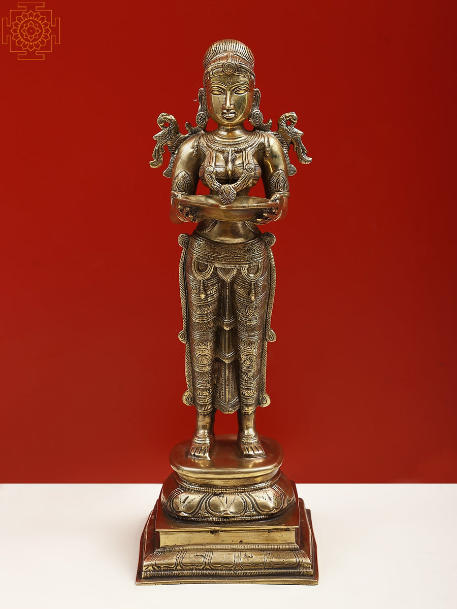 16" Brass Deepalakshmi Statue Standing on Pedestal for Pooja