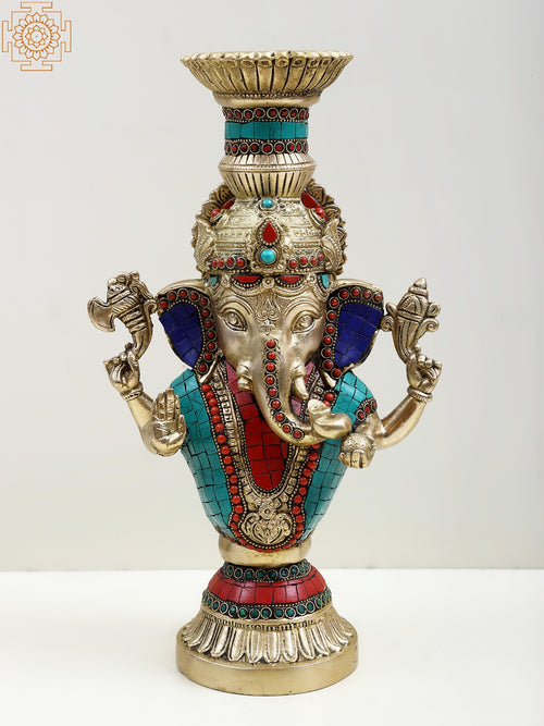 13" Brass Ganesha Candle Holder with Blessing Hand Inlay Work