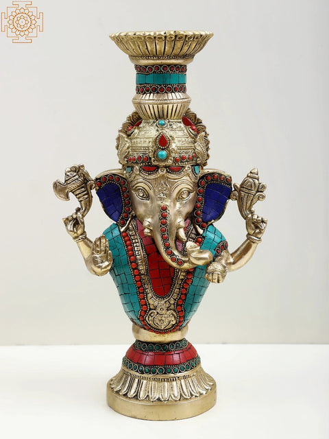 13" Brass Blessing Ganesha Candle Holder with Inlay Work