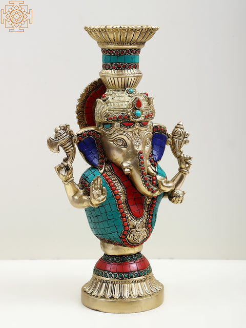 13" Brass Blessing Ganesha Candle Holder with Inlay Work