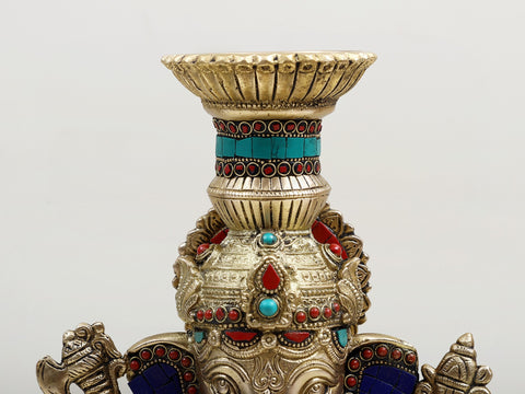 13" Brass Blessing Ganesha Candle Holder with Inlay Work