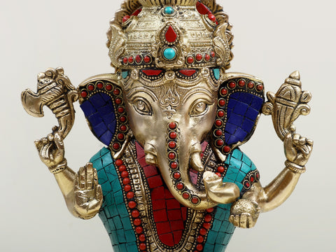 13" Brass Blessing Ganesha Candle Holder with Inlay Work