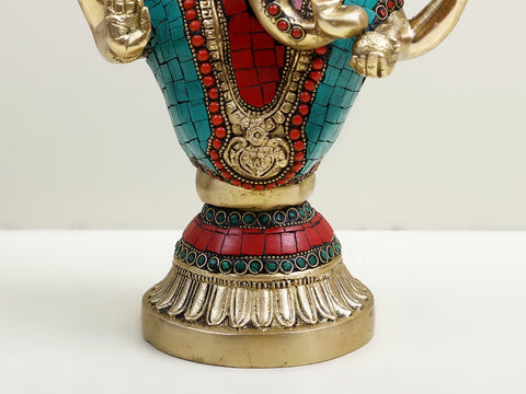 13" Brass Blessing Ganesha Candle Holder with Inlay Work
