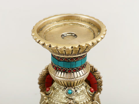 13" Brass Blessing Ganesha Candle Holder with Inlay Work