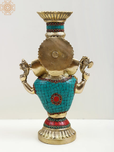 13" Brass Blessing Ganesha Candle Holder with Inlay Work