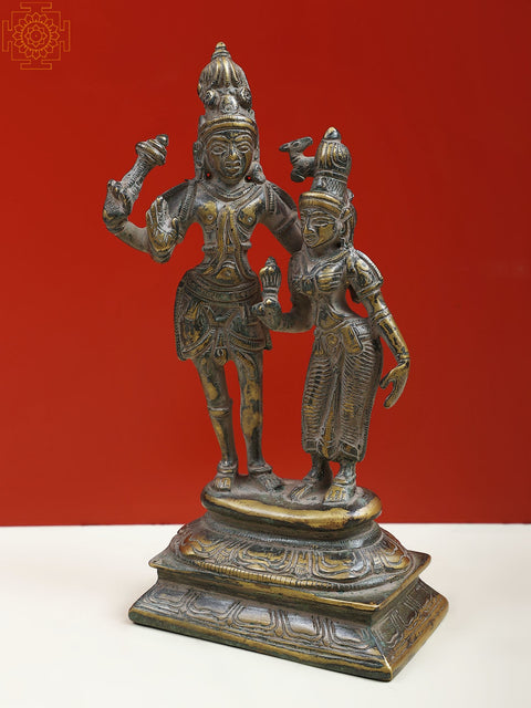 8" Brass Lord Shiva Goddess Parvati Standing on Pedestal