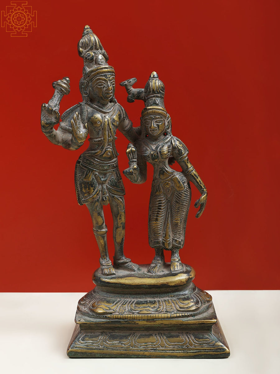 8" Brass Lord Shiva and Goddess Parvati Statue with Pedestal