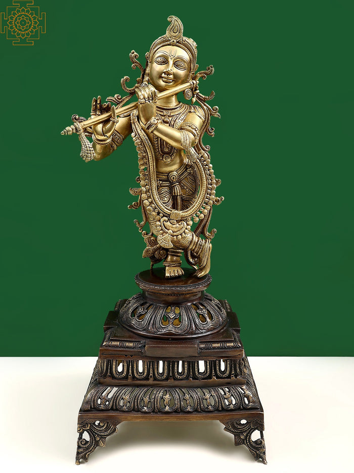 26" Brass Lord Krishna Playing Flute Standing Statue with Pedestal