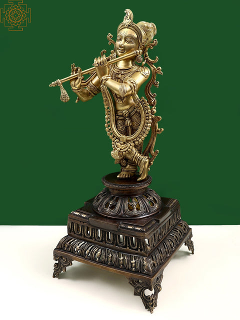 26" Brass Playing Flute Lord Krishna Standing on Pedestal