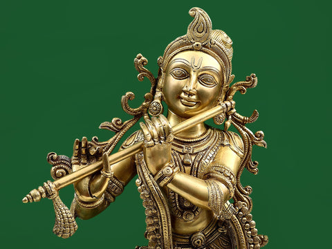 26" Brass Playing Flute Lord Krishna Standing on Pedestal