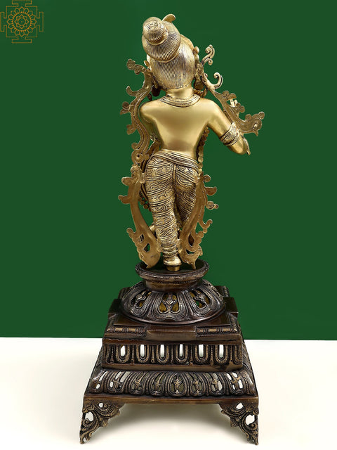 26" Brass Playing Flute Lord Krishna Standing on Pedestal
