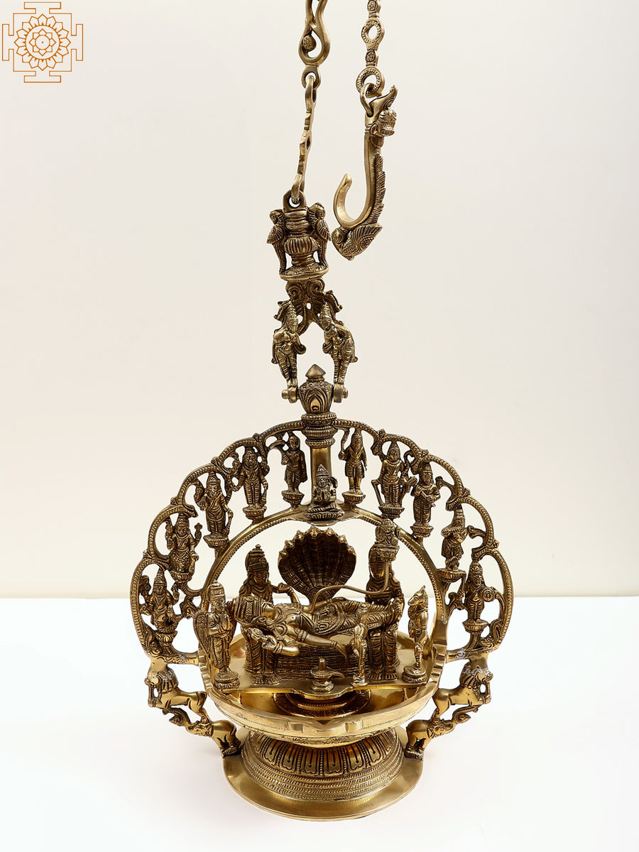 13" Shesha-Shayi Vishnu Hanging Lamp with Dasavatharam Brass Idol