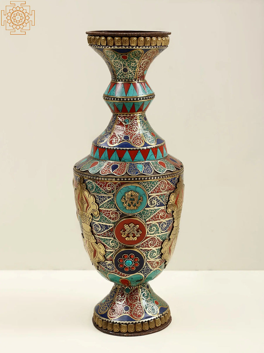 12" Tibetan Nepalese Brass Flower Vase with Dorje Design