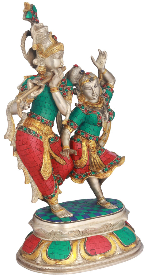 16" Radha and Krishna Engaged in Dance In Brass | Handmade | Made In India