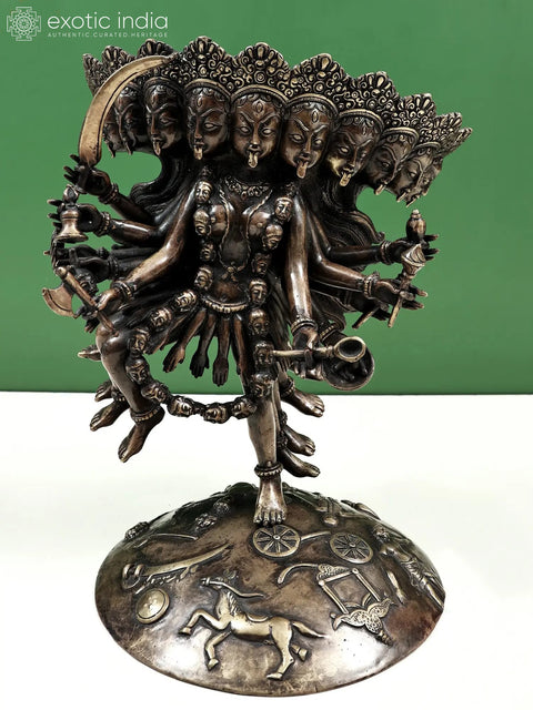 11" Unusual Mahakali Brass Statue – Ten Heads, Ten Arms, Ten Legs, Handmade in Nepal
