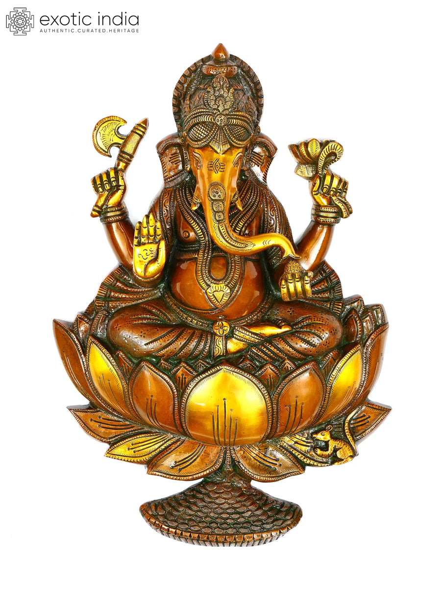 19" Lord Ganesha Seated on Lotus Brass Wall Hanging
