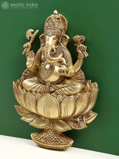 19" Lord Ganesha Seated On Lotus Wall Hanging In Brass