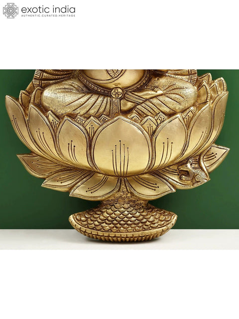 19" Lord Ganesha Seated On Lotus Wall Hanging In Brass