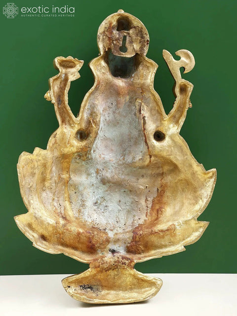 19" Lord Ganesha Seated On Lotus Wall Hanging In Brass