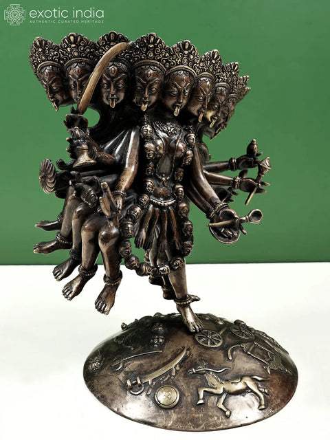 11" Unusual Mahakali Brass Statue – Ten Heads, Ten Arms, Ten Legs, Handmade in Nepal