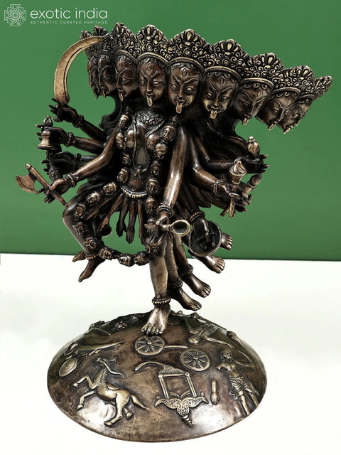 11" Unusual Mahakali Brass Statue – Ten Heads, Ten Arms, Ten Legs, Handmade in Nepal