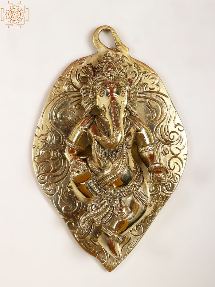 6" Brass Lord Ganesha on Leaf Wall Hanging for Home Decor