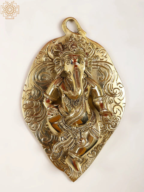 6" Small Brass Lord Ganesha on Leaf Wall Hanging