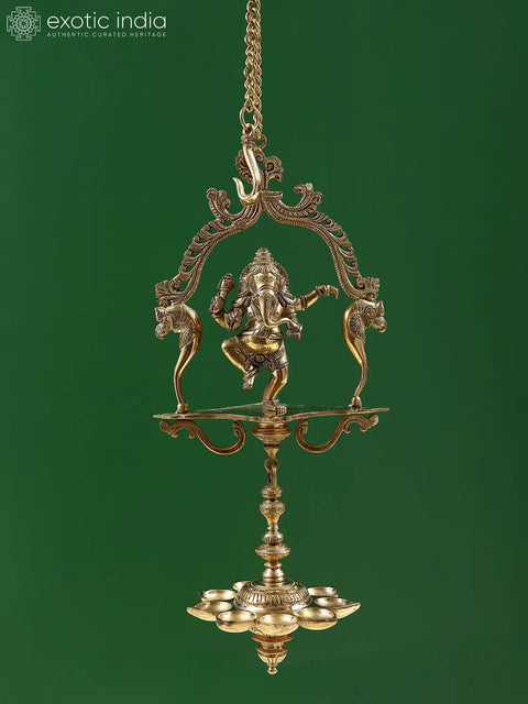 15" Brass Dancing Ganesha with Hanging Diya