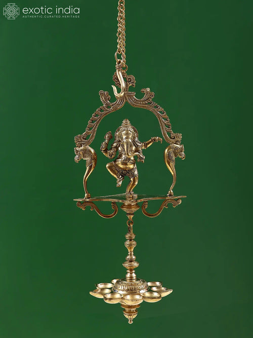 15" Brass Dancing Ganesha Statue with Hanging Diya