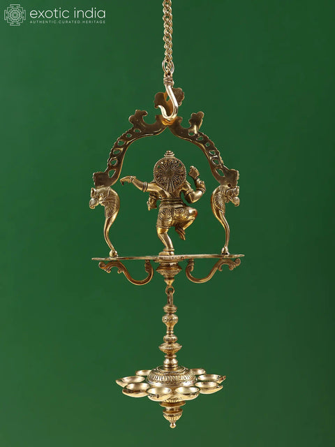 15" Brass Dancing Ganesha with Hanging Diya