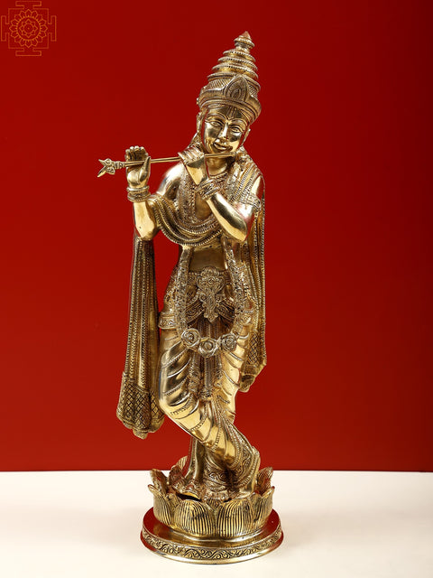 17" Brass Lord Krishna Playing Flute on Lotus Pedestal